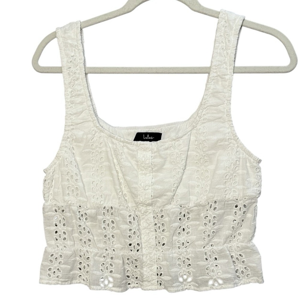 Lulus Milkmaid Eyelet Crop Top M White Sleeveless Ruffle Cottagecore Coquette - Picture 2 of 8